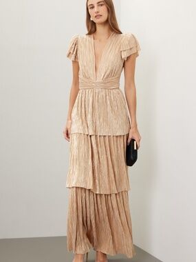 Sabina Musayev MAZE Gold Tiered Maxi Dress Ruffle Sleeve Tie - MEDIUM